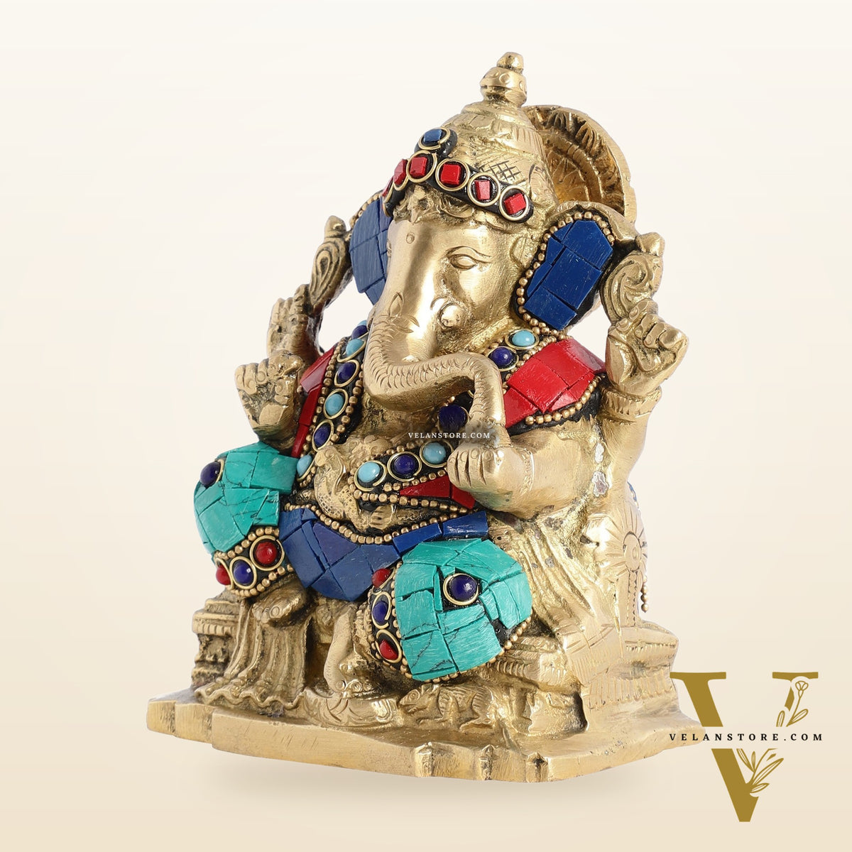 Brass Ganesha Statue with Stonework - 5.5 inch Perfect Gift"