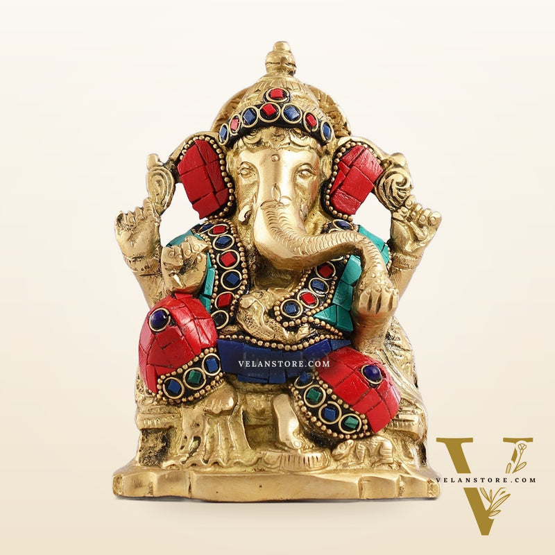 Brass Ganesha Statue with Stonework - 5.5 inch Perfect Gift"