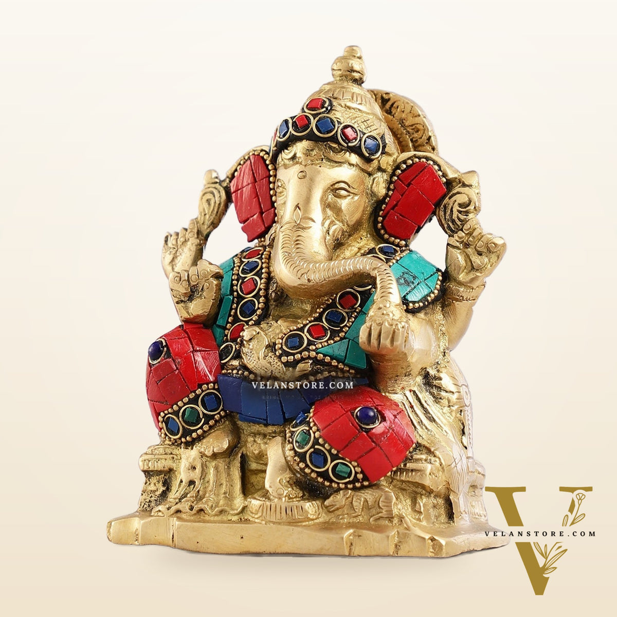 Brass Ganesha Statue with Stonework - 5.5 inch Perfect Gift"
