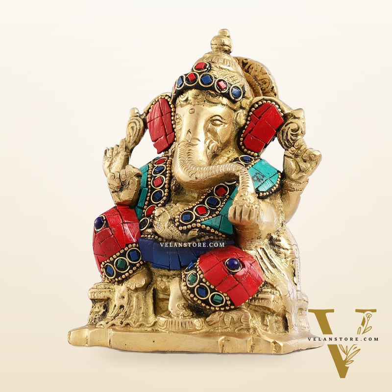 Brass Ganesha Statue with Stonework - 5.5 inch Perfect Gift"