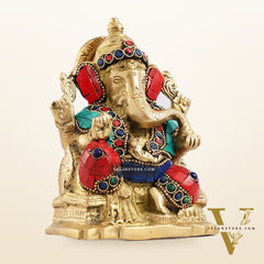 Brass Ganesha Statue with Stonework - 5.5 inch Perfect Gift"