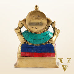 Brass Ganesha Statue with Stonework - 5.5 inch Perfect Gift"