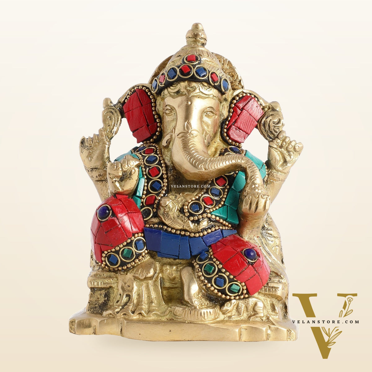 Brass Ganesha Statue with Stonework - 5.5 inch Perfect Gift"