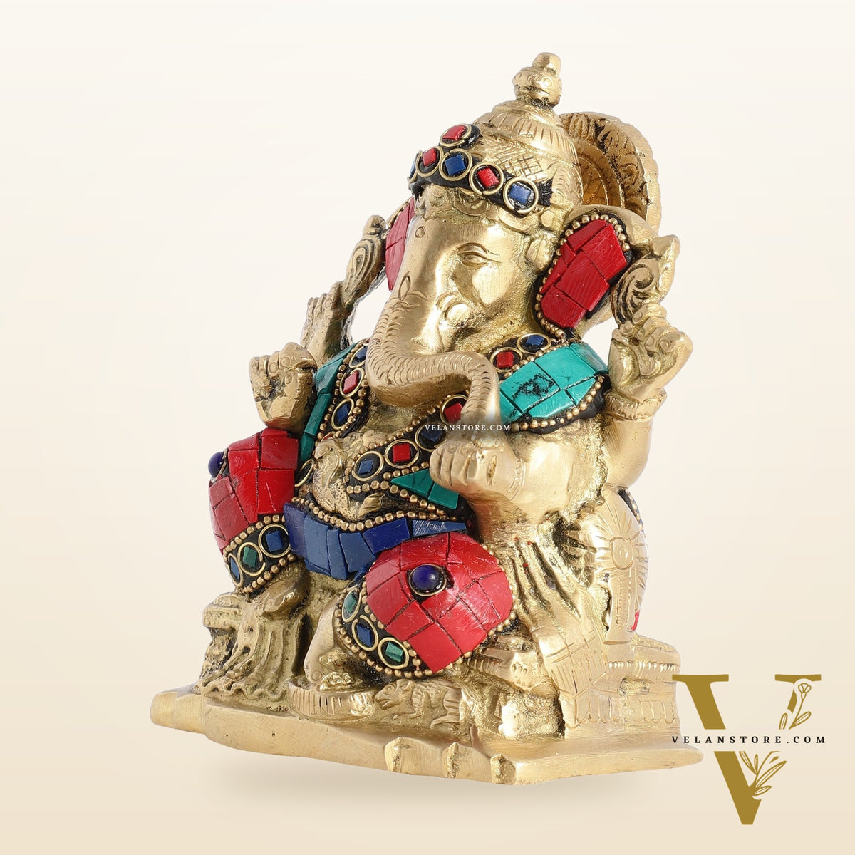 Brass Ganesha Statue with Stonework - 5.5 inch Perfect Gift"