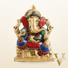 Brass Ganesha Statue with Stonework - 5.5 inch Perfect Gift"