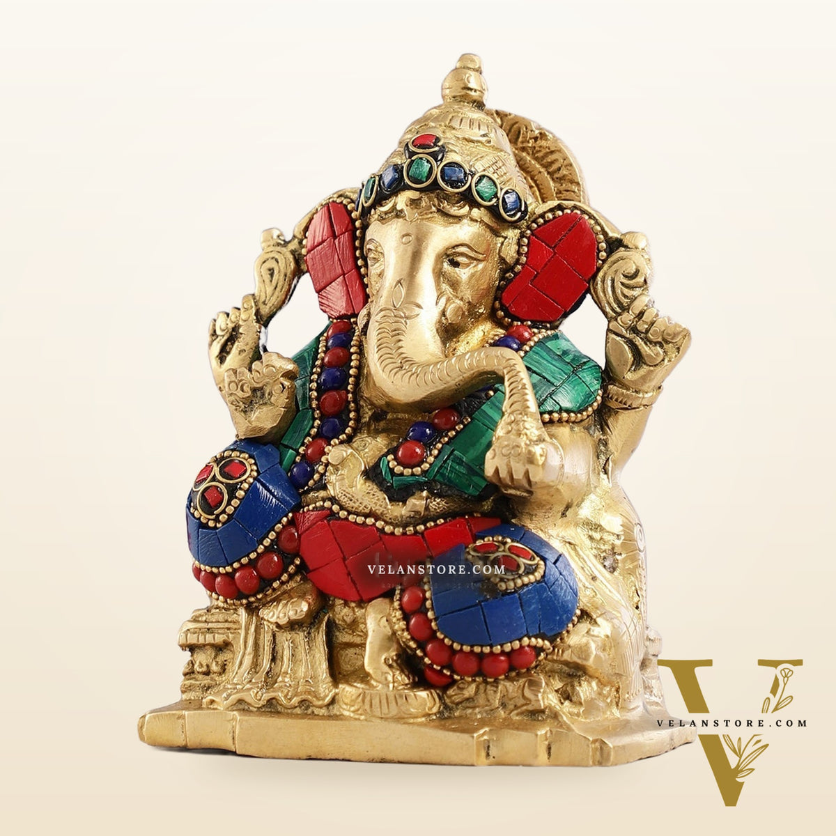 Brass Ganesha Statue with Stonework - 5.5 inch Perfect Gift"