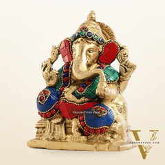 Brass Ganesha Statue with Stonework - 5.5 inch Perfect Gift"
