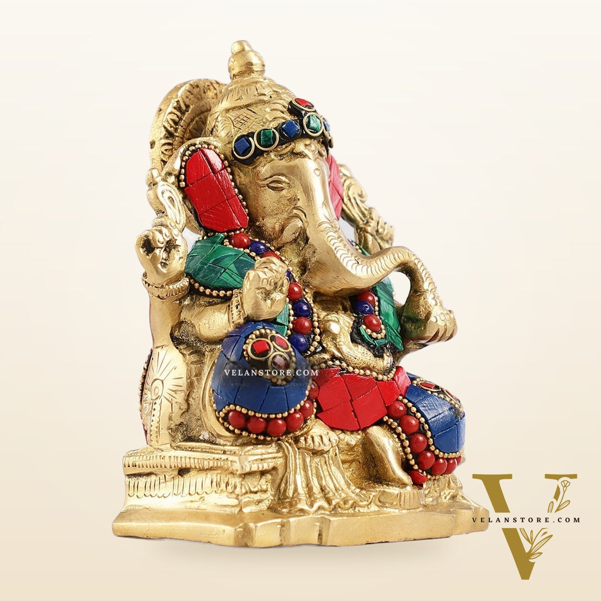 Brass Ganesha Statue with Stonework - 5.5 inch Perfect Gift"