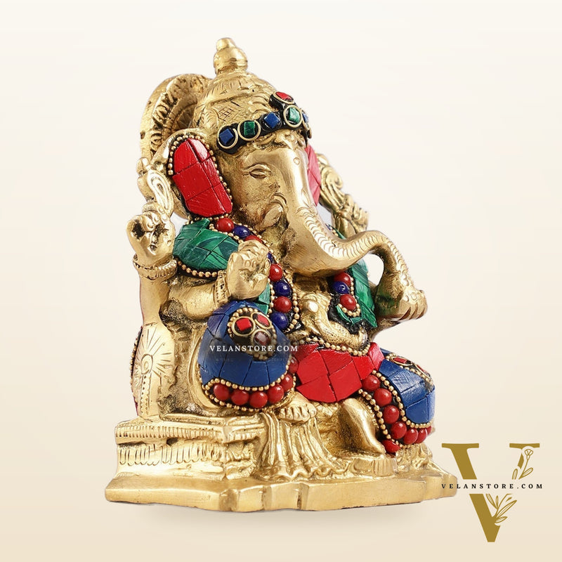 Brass Ganesha Statue with Stonework - 5.5 inch Perfect Gift"