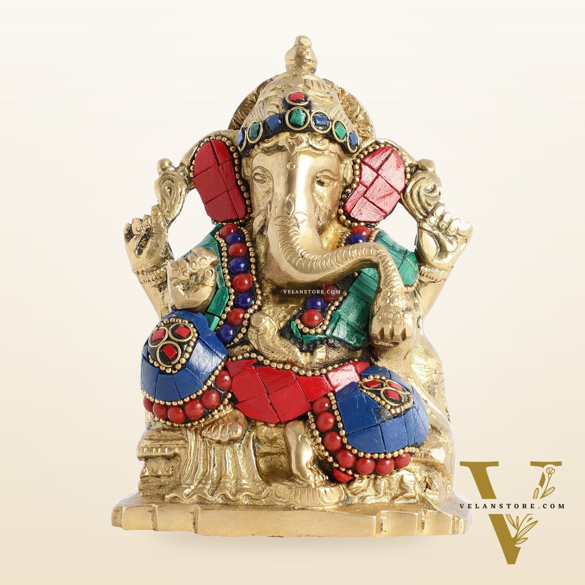 Brass Ganesha Statue with Stonework - 5.5 inch Perfect Gift"