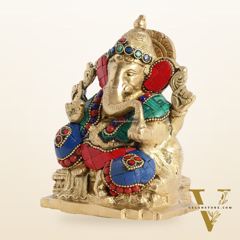 Brass Ganesha Statue with Stonework - 5.5 inch Perfect Gift"