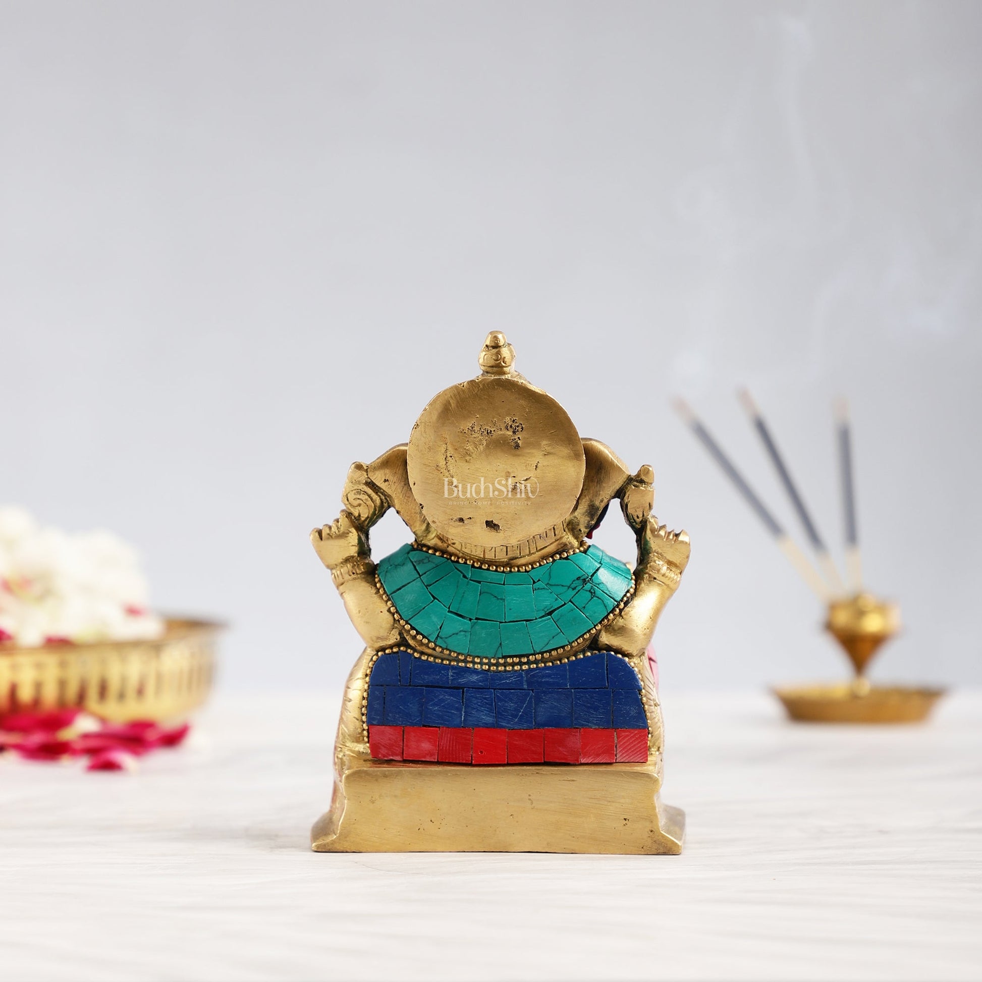 Brass Ganesha Statue with Stonework - 5.5 inch Perfect Gift"