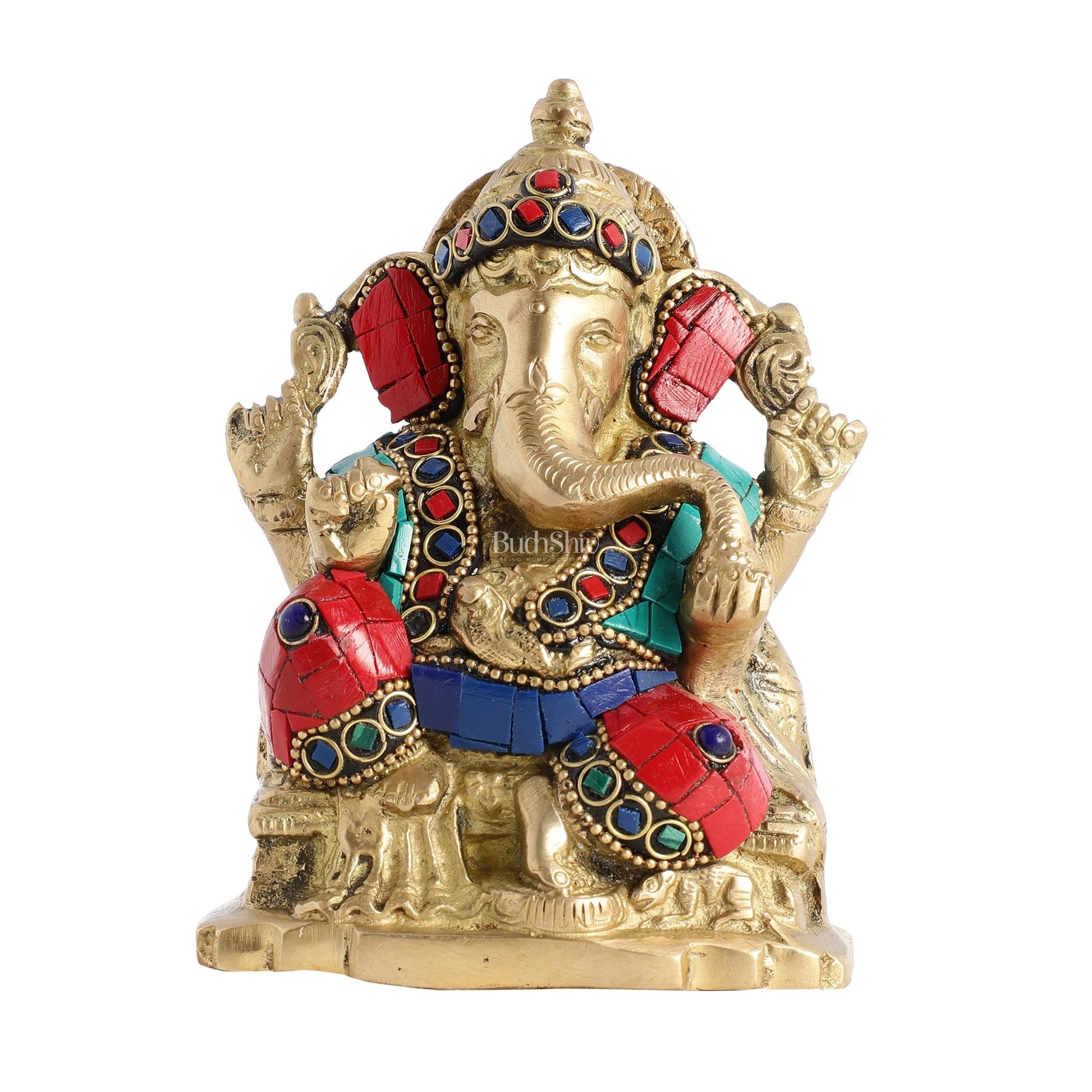 Brass Ganesha Statue with Stonework - 5.5 inch Perfect Gift"
