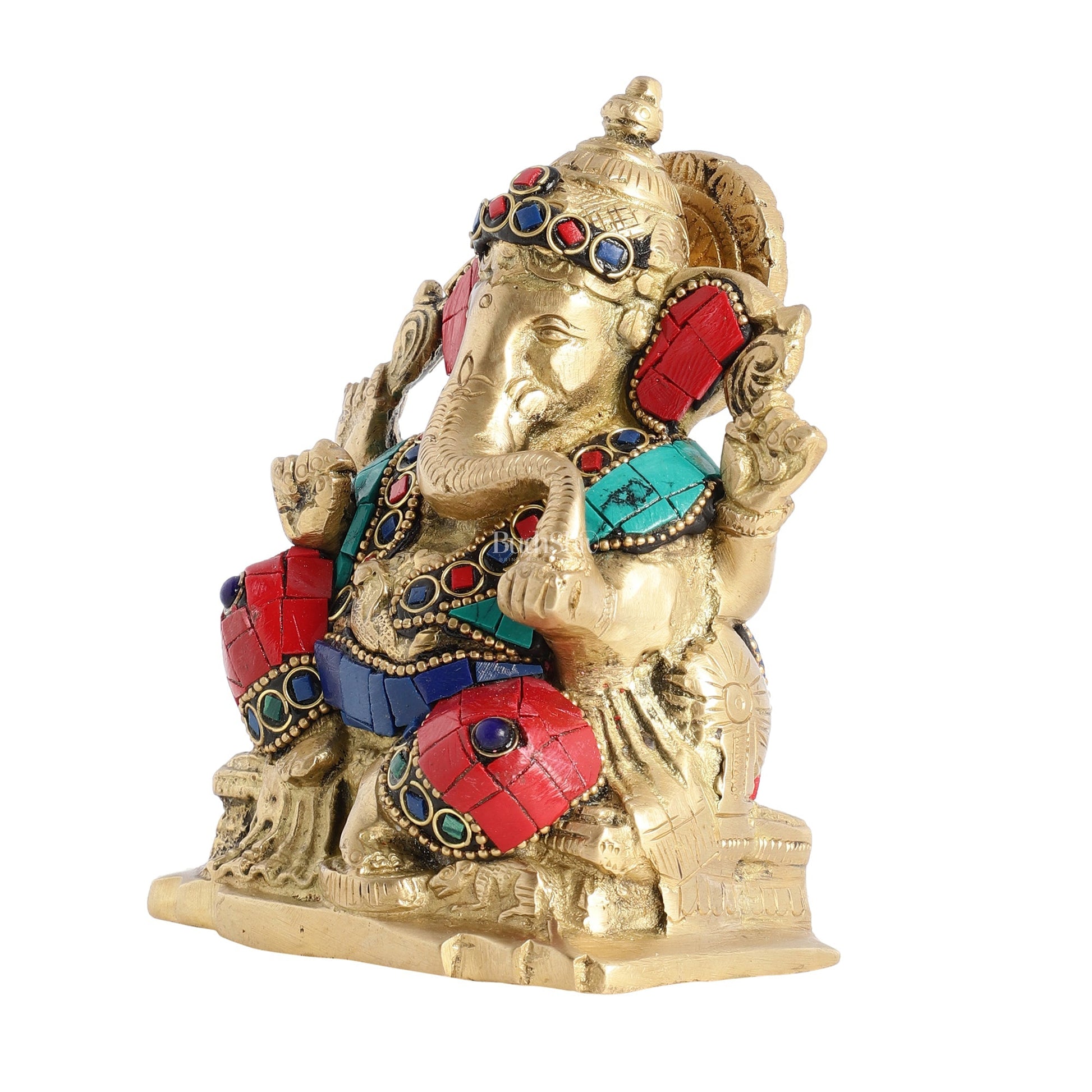 Brass Ganesha Statue with Stonework - 5.5 inch Perfect Gift"