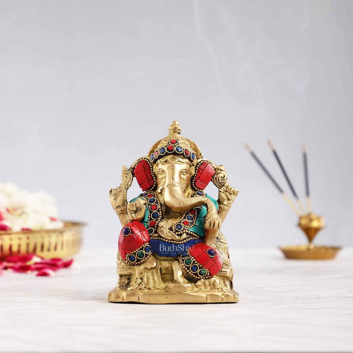 Brass Ganesha Statue with Stonework - 5.5 inch Perfect Gift"