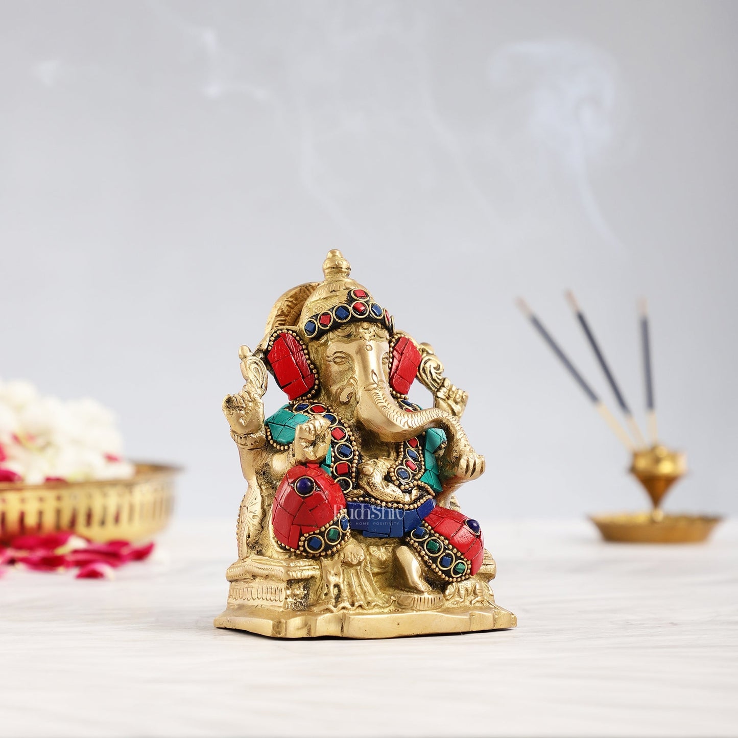 Brass Ganesha Statue with Stonework - 5.5 inch Perfect Gift"