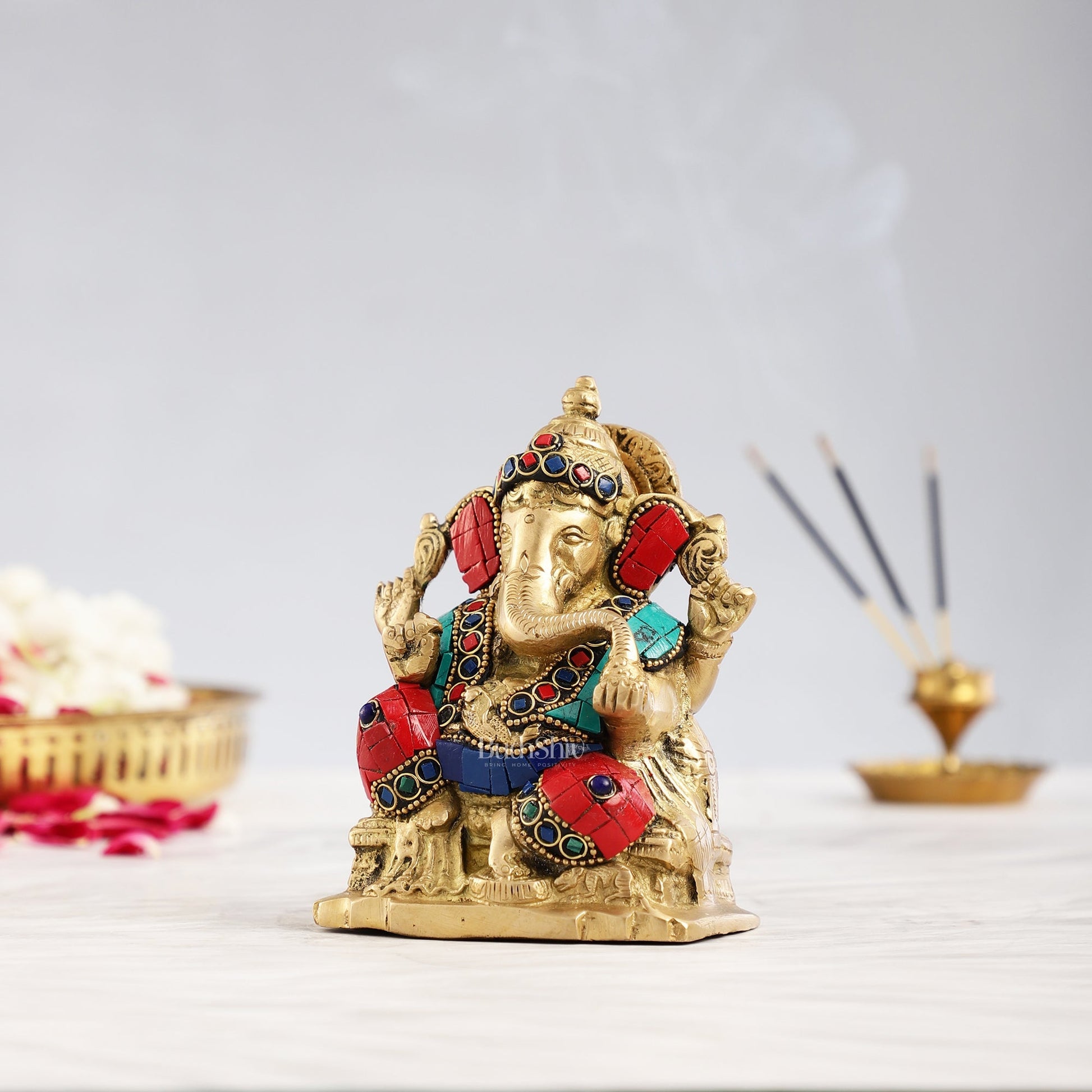 Brass Ganesha Statue with Stonework - 5.5 inch Perfect Gift"