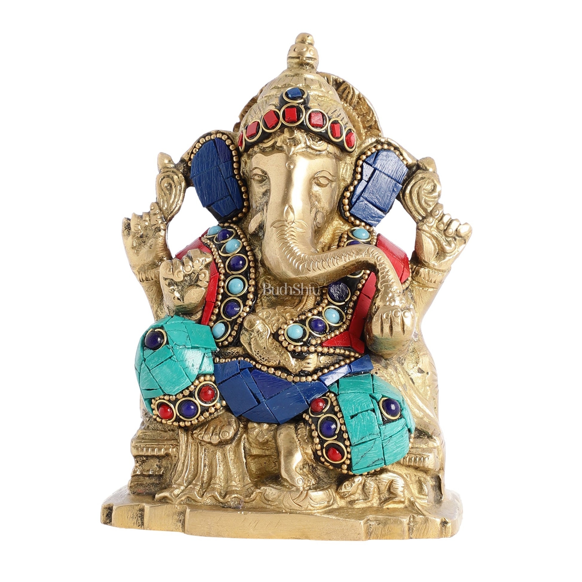 Brass Ganesha Statue with Stonework - 5.5 inch Perfect Gift"