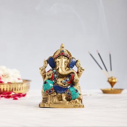 Brass Ganesha Statue with Stonework - 5.5 inch Perfect Gift"