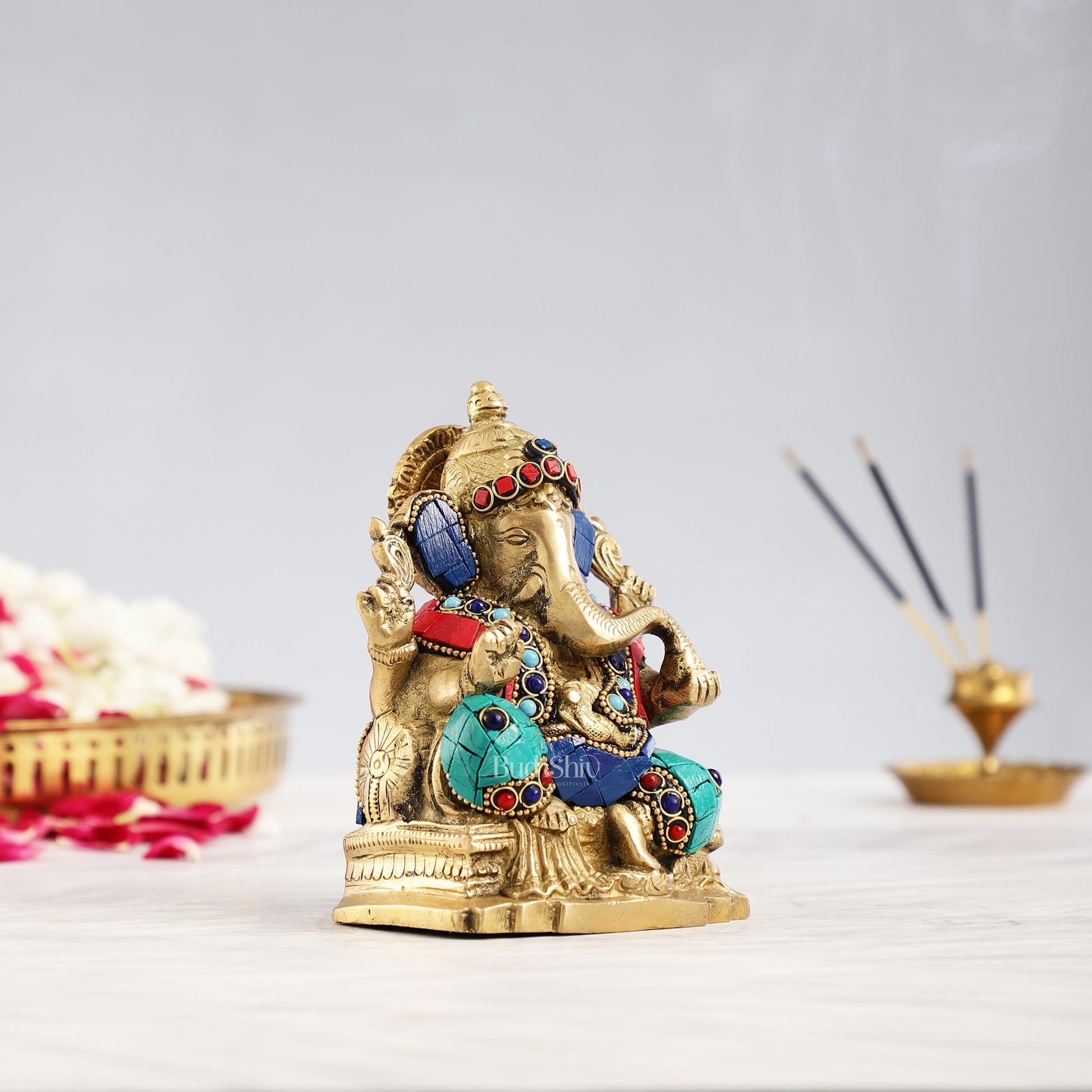 Brass Ganesha Statue with Stonework - 5.5 inch Perfect Gift"