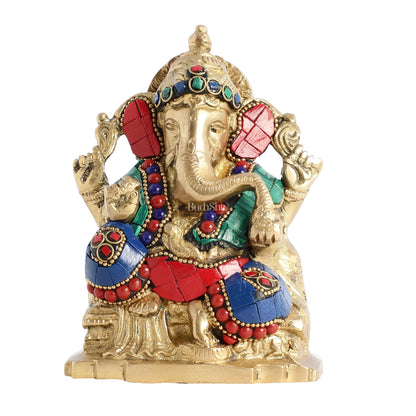 Brass Ganesha Statue with Stonework - 5.5 inch Perfect Gift"