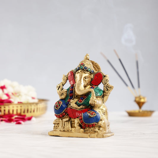 Brass Ganesha Statue with Stonework - 5.5 inch Perfect Gift"