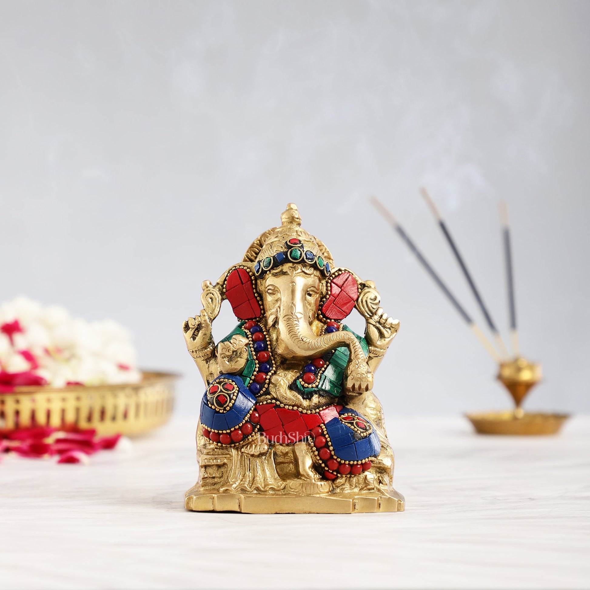 Brass Ganesha Statue with Stonework - 5.5 inch Perfect Gift"