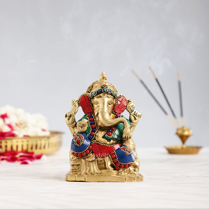 Brass Ganesha Statue with Stonework - 5.5 inch Perfect Gift"
