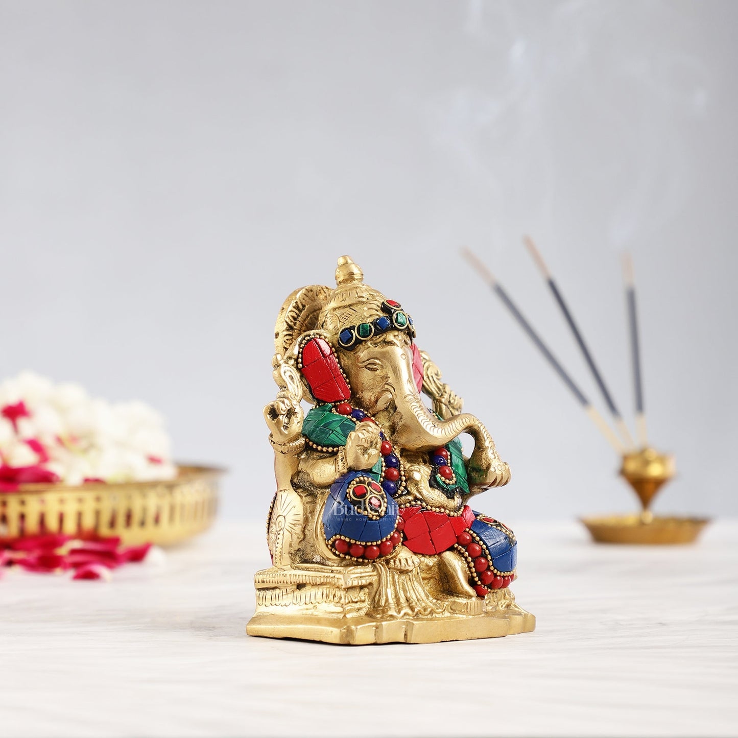 Brass Ganesha Statue with Stonework - 5.5 inch Perfect Gift"