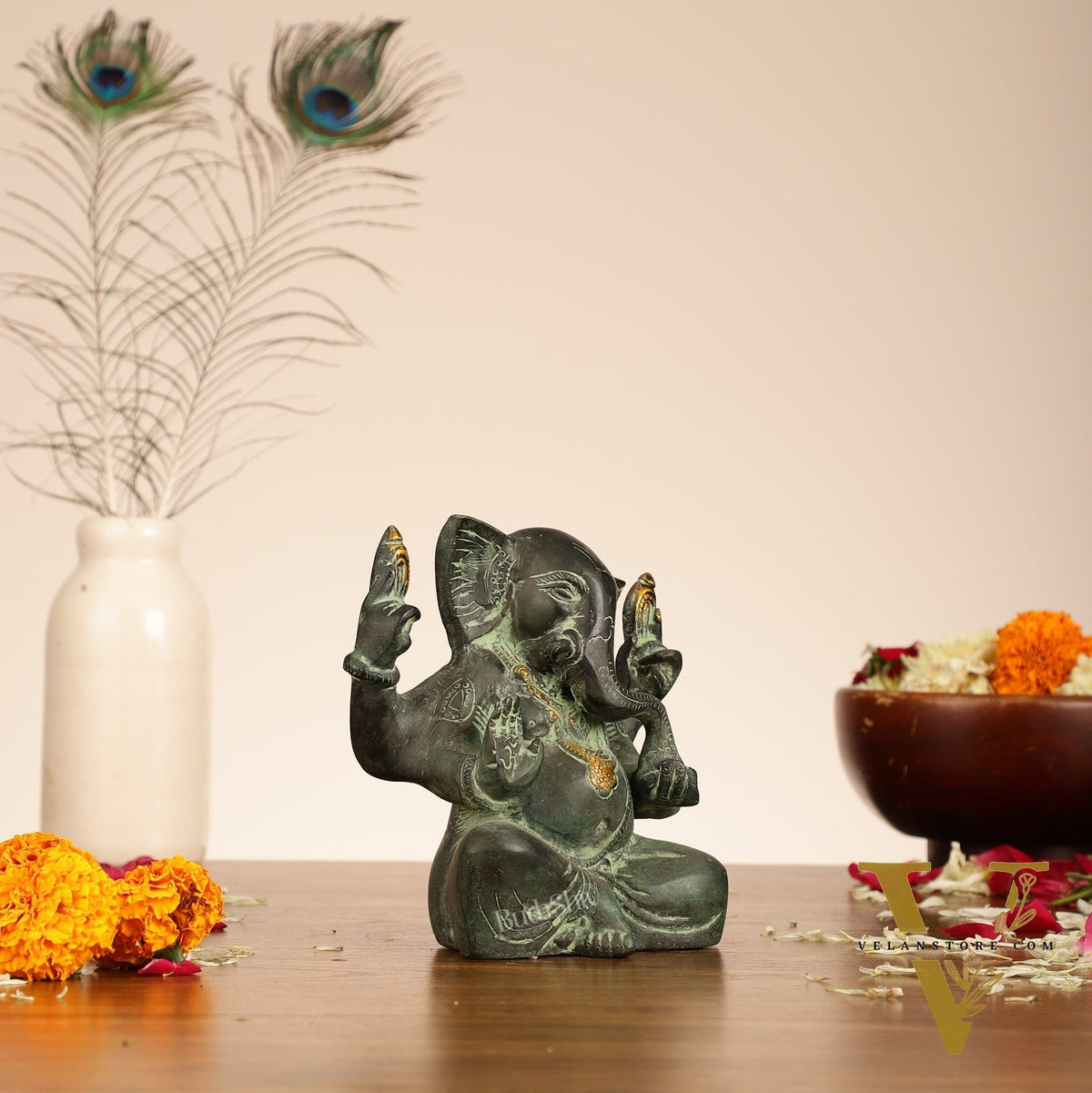 Brass Ganesha statue with tilted head 7 inch