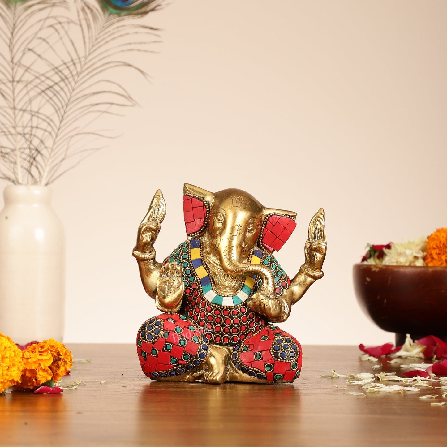 Brass Ganesha statue with tilted head 7 inch