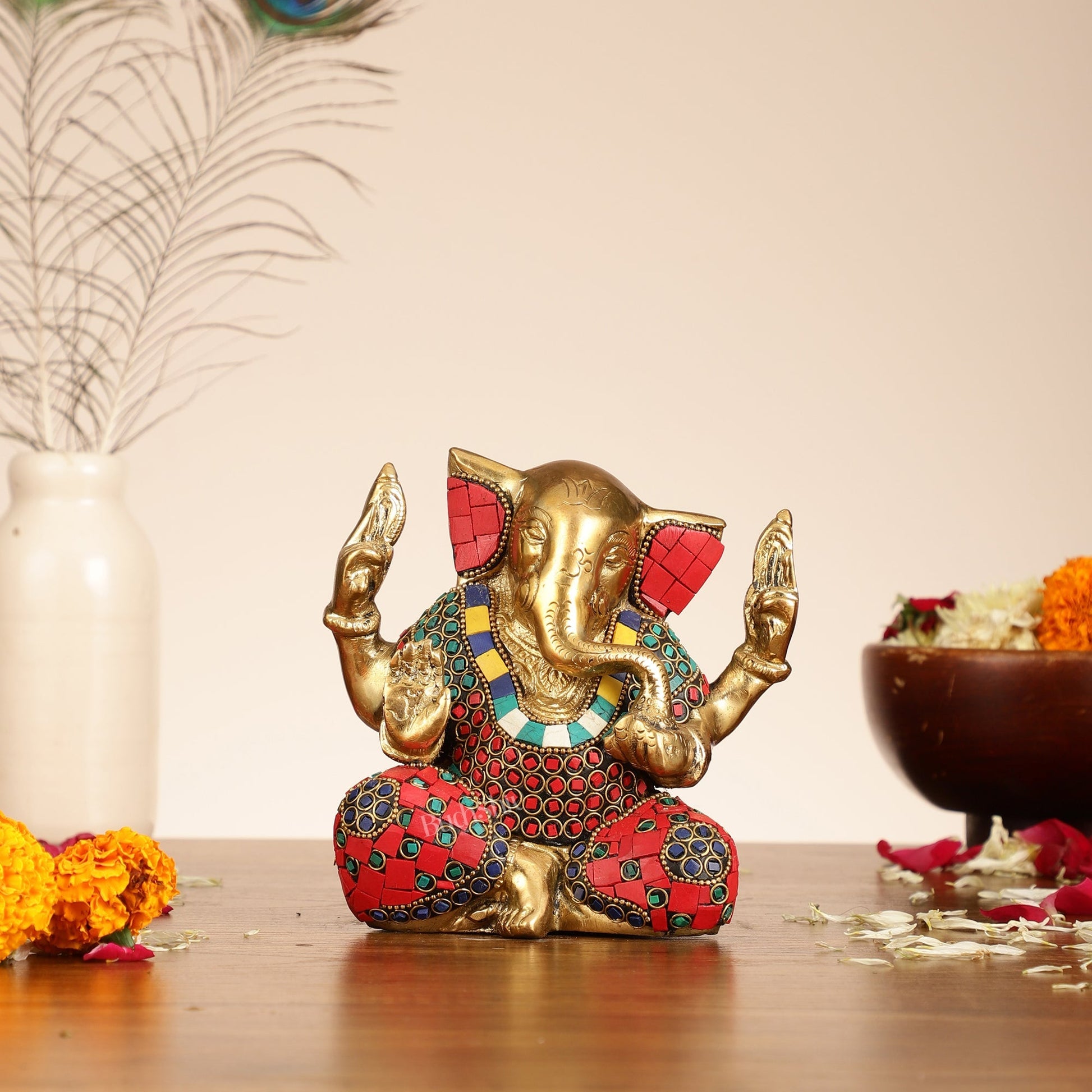 Brass Ganesha statue with tilted head 7 inch