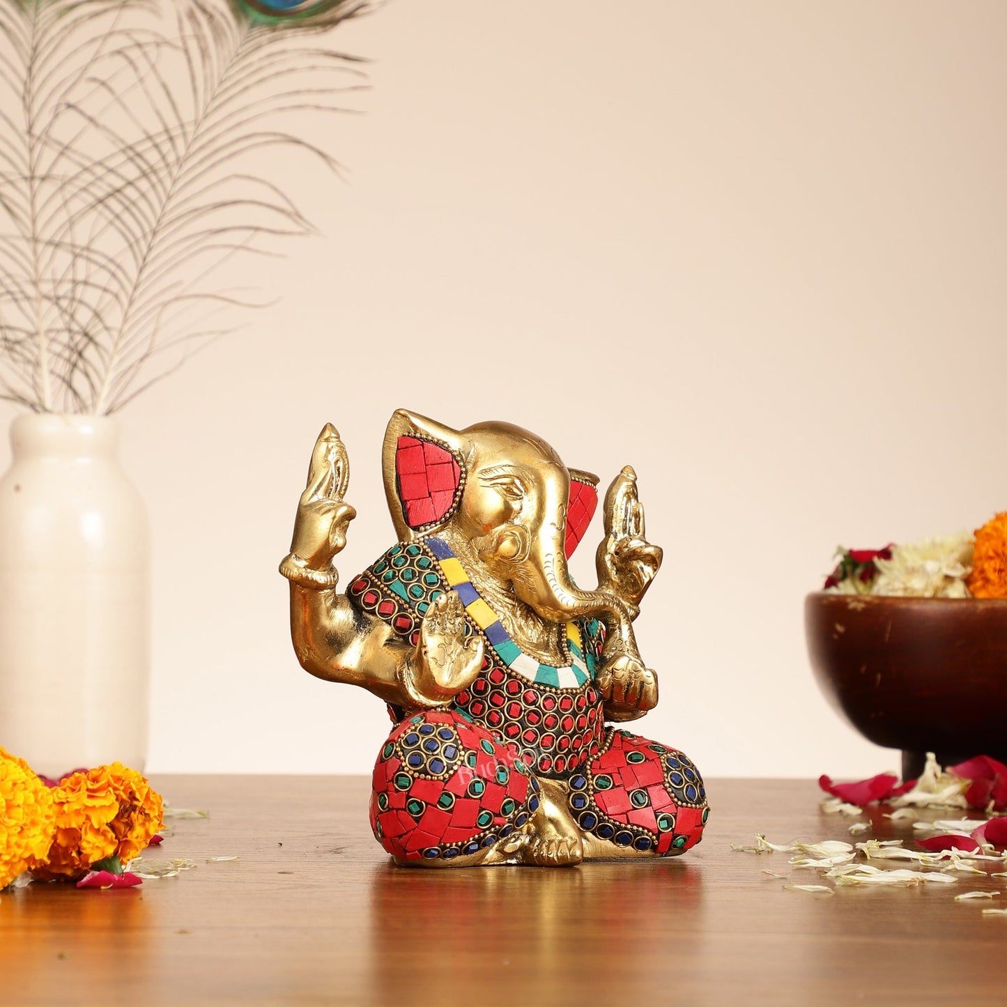 Brass Ganesha statue with tilted head 7 inch