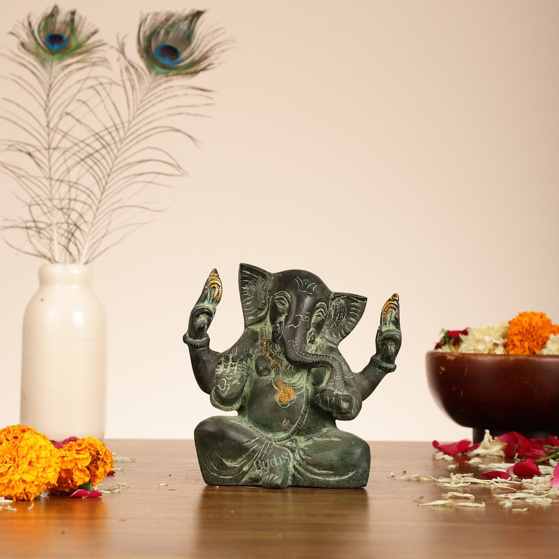 Brass Ganesha statue with tilted head 7 inch