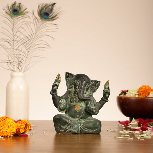 Brass Ganesha statue with tilted head 7 inch