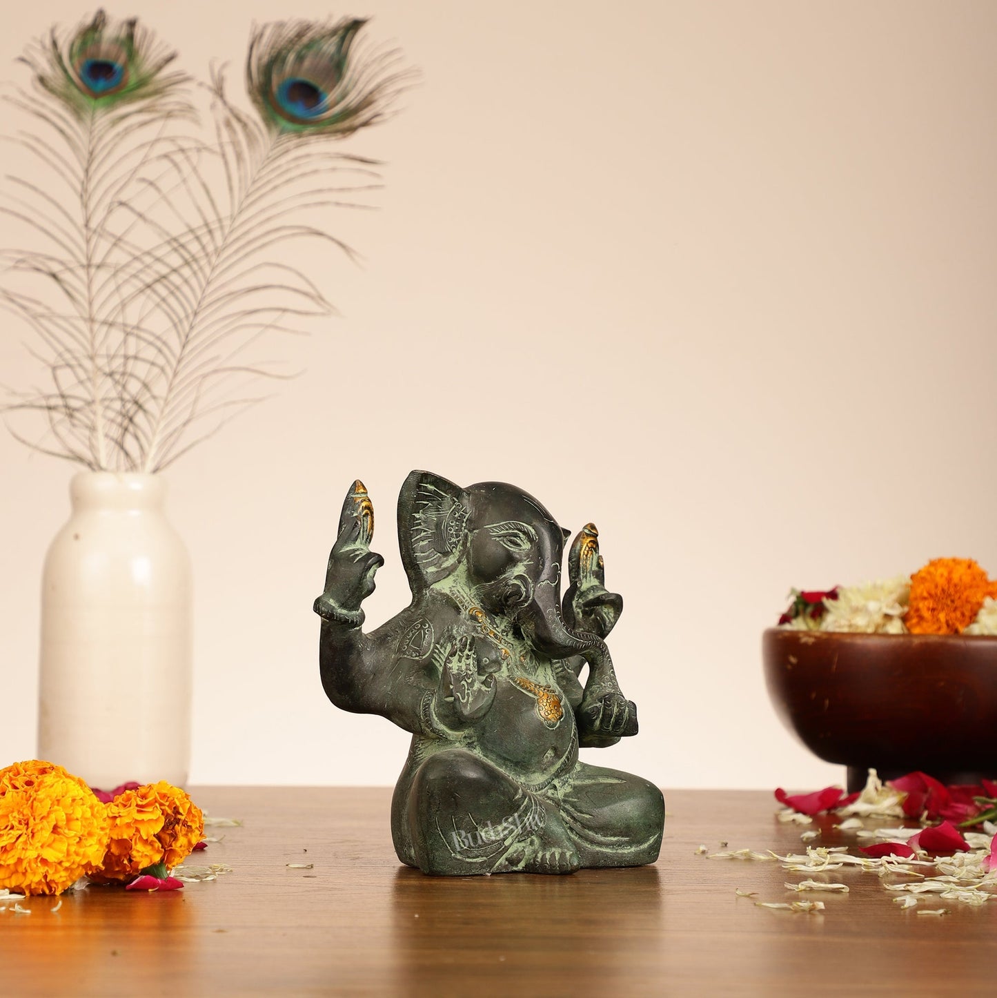 Brass Ganesha statue with tilted head 7 inch