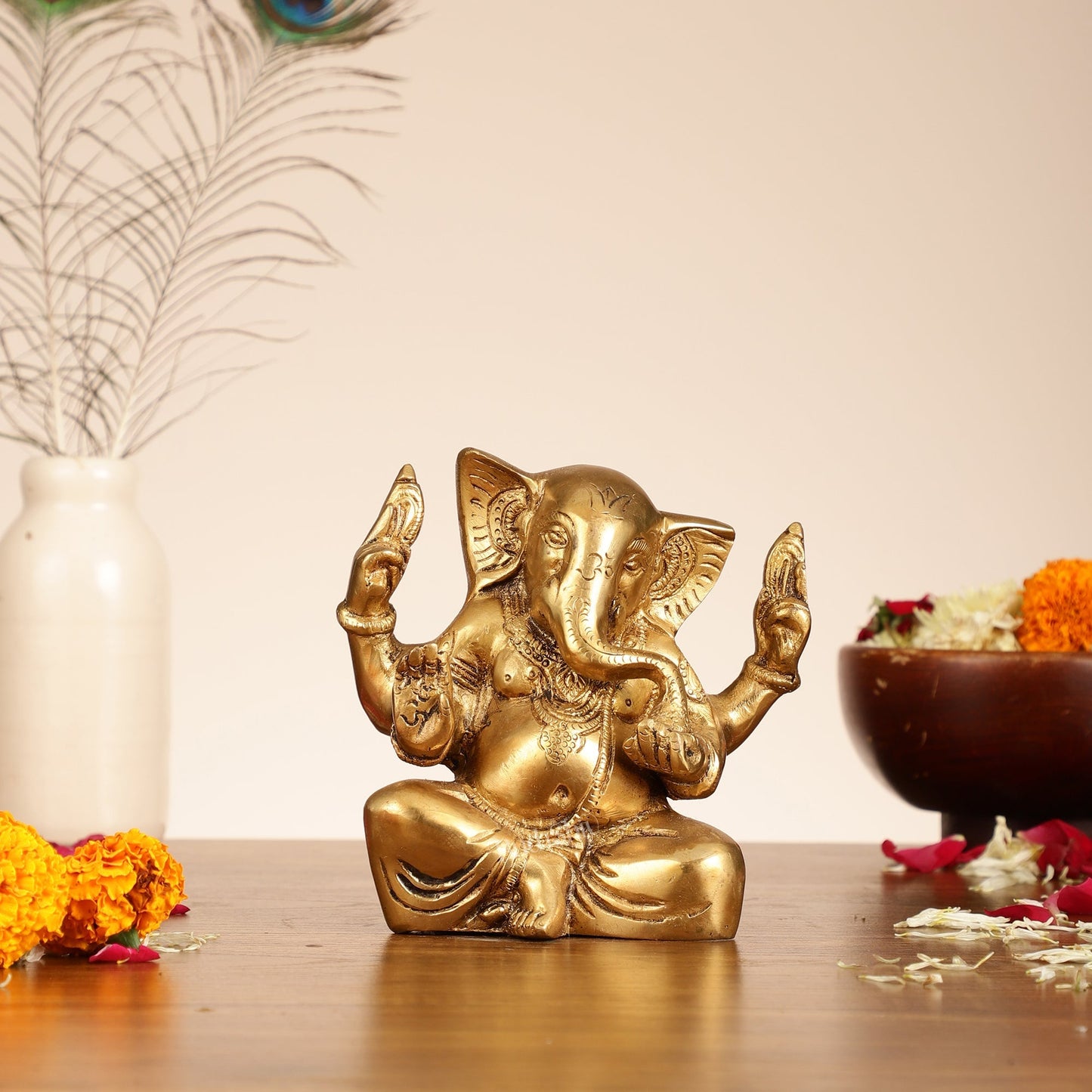 Brass Ganesha statue with tilted head 7 inch