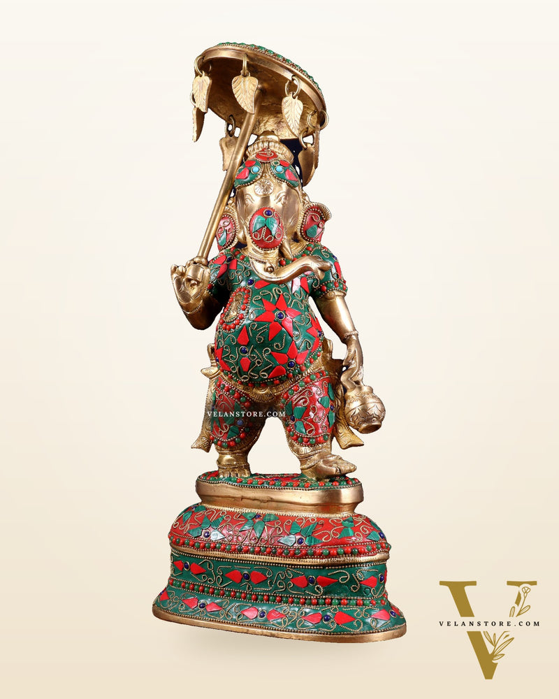 Brass Ganesha Statue with umbrella and kamandal | 15" with floral stonework