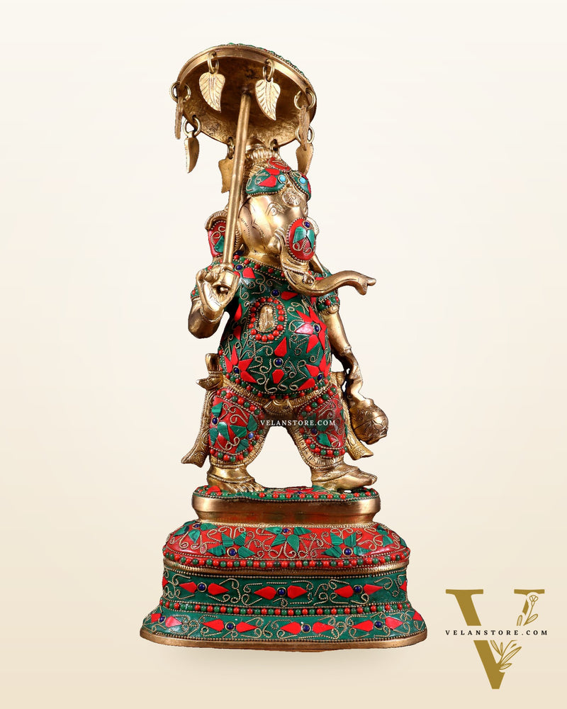 Brass Ganesha Statue with umbrella and kamandal | 15" with floral stonework