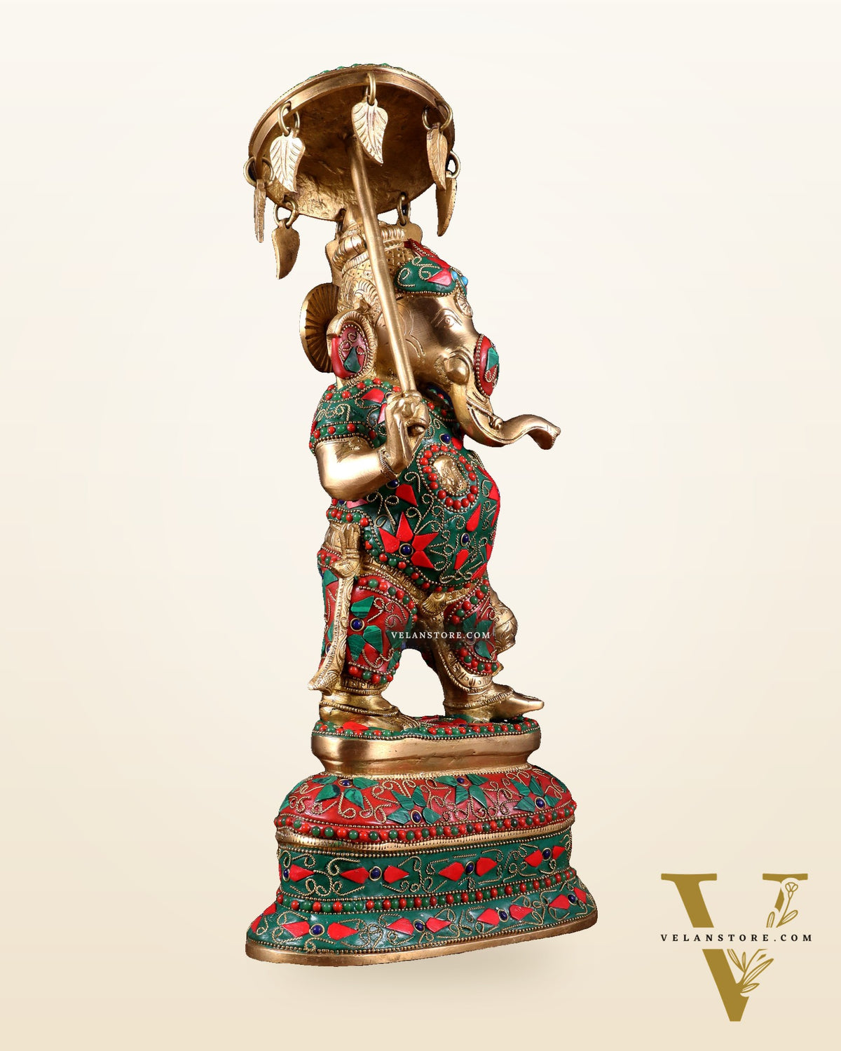 Brass Ganesha Statue with umbrella and kamandal | 15" with floral stonework