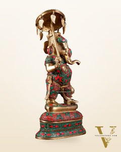 Brass Ganesha Statue with umbrella and kamandal | 15" with floral stonework