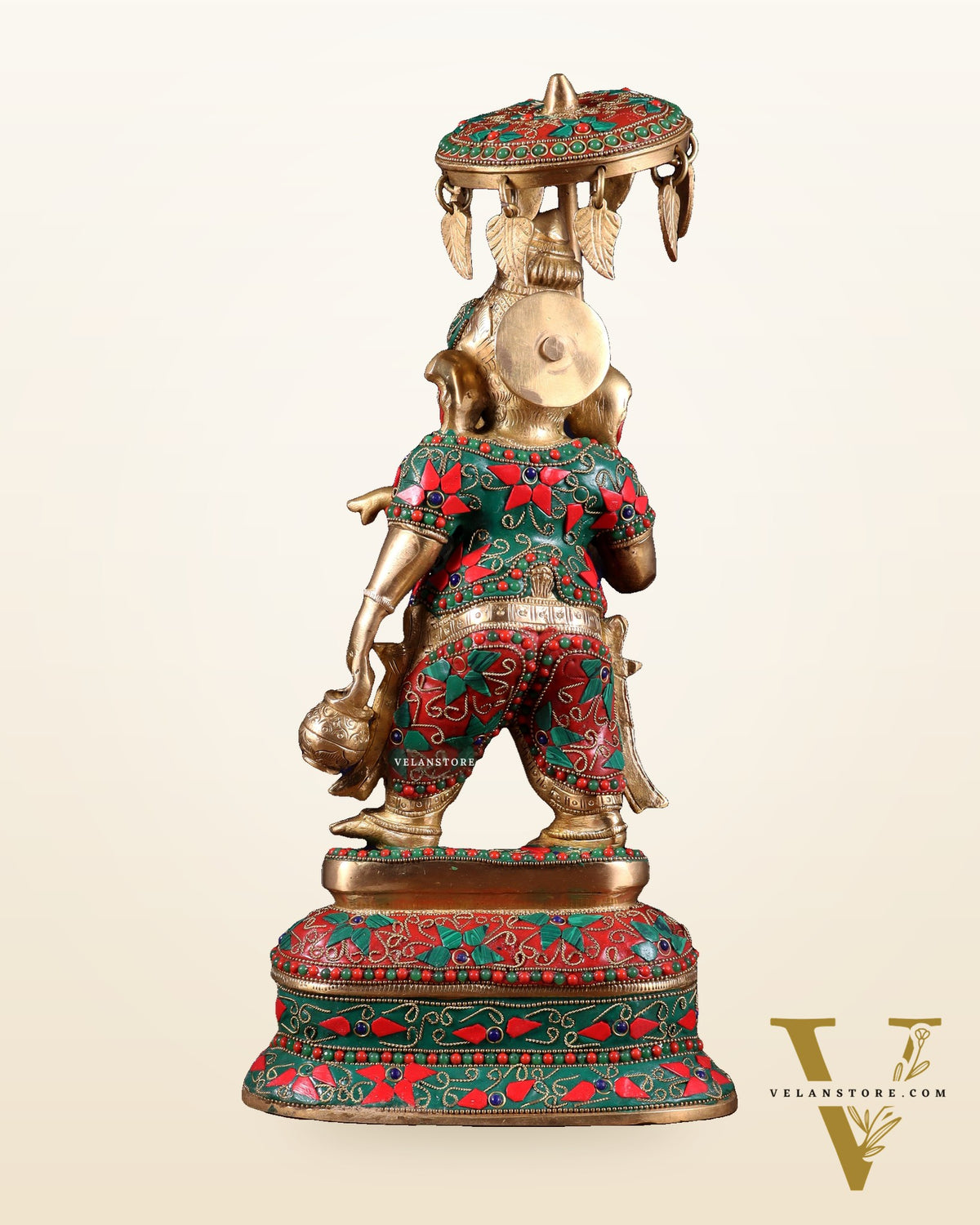 Brass Ganesha Statue with umbrella and kamandal | 15" with floral stonework