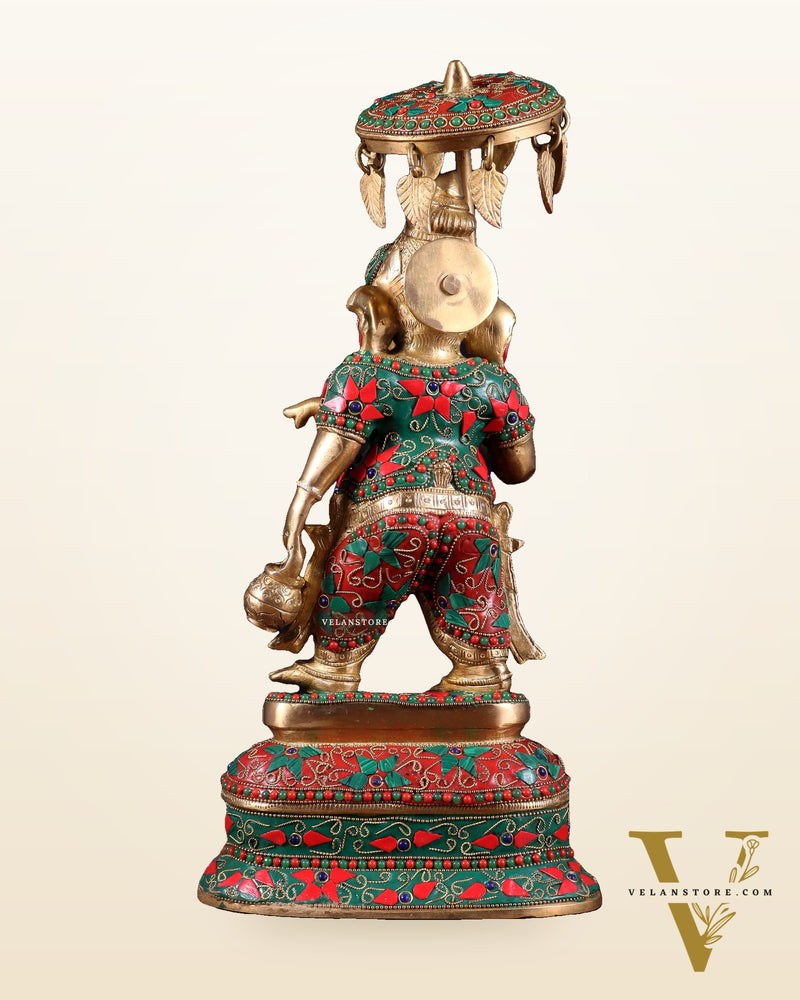 Brass Ganesha Statue with umbrella and kamandal | 15" with floral stonework