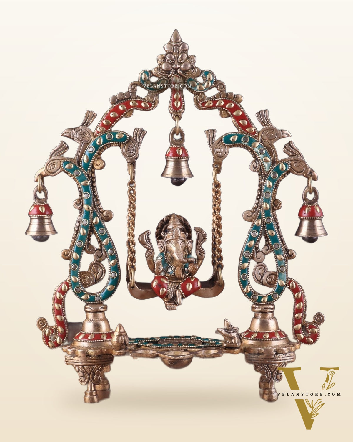 Brass Ganesha Swing with Three Diyas 13.5"