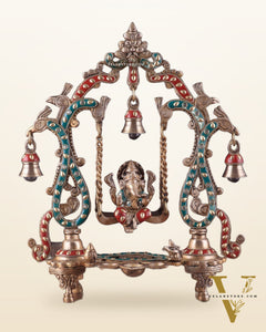 Brass Ganesha Swing with Three Diyas 13.5"