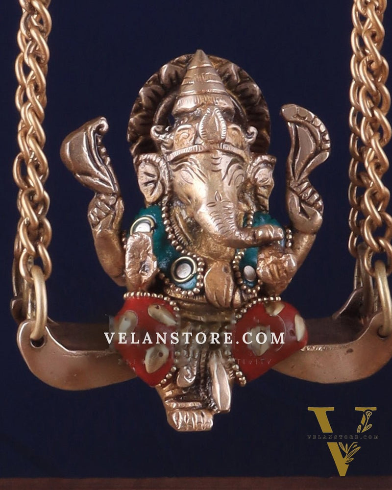 Brass Ganesha Swing with Three Diyas 13.5"