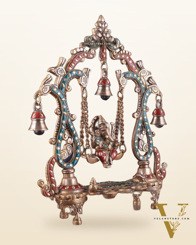 Brass Ganesha Swing with Three Diyas 13.5"