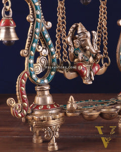 Brass Ganesha Swing with Three Diyas 13.5"