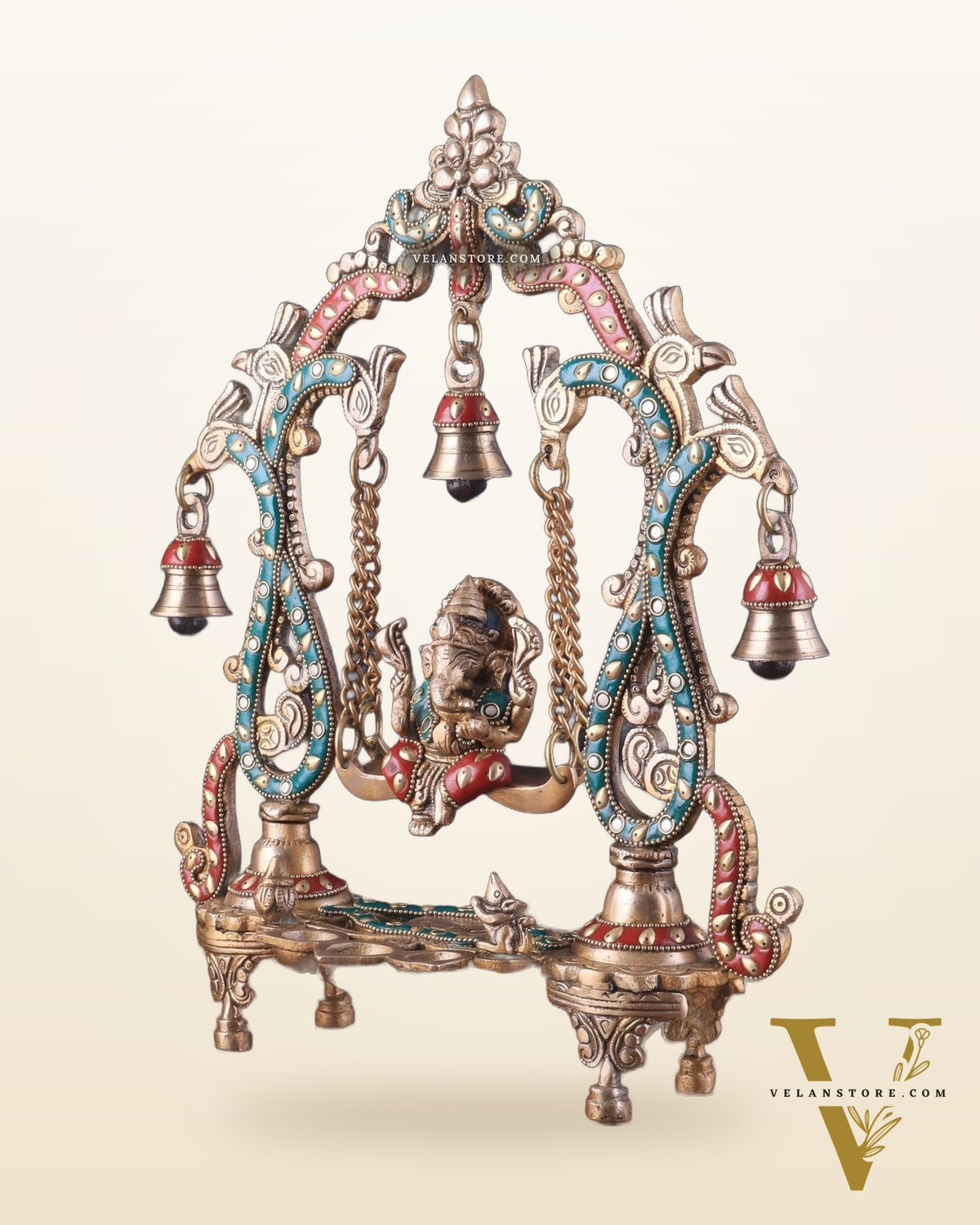 Brass Ganesha Swing with Three Diyas 13.5"