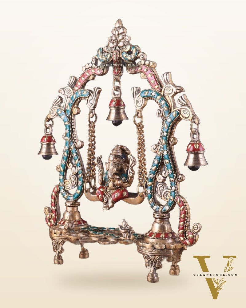 Brass Ganesha Swing with Three Diyas 13.5"
